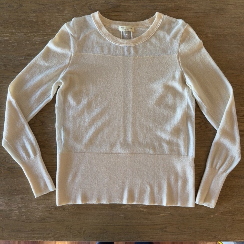 RAG & BONE Women's Ivory Fine Knit Sweater Top-Sheer Panels-100% Wool-Size Large